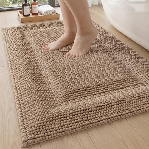 DEXI Bathroom Rugs 32x20, Non Slip Washable Chinelle Bath Mat, Dark Beige