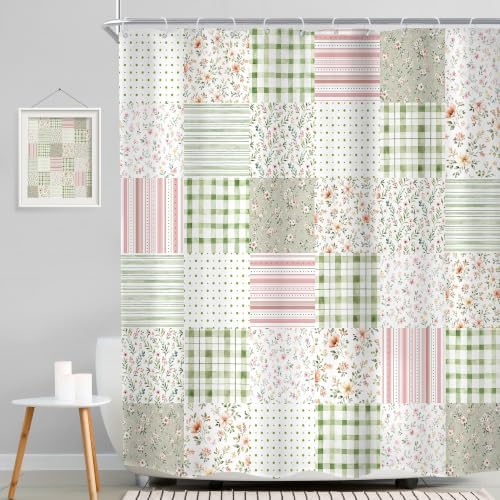 MESHELLY Boho Floral Patchwork Shower Curtain 60Wx72H Vintage Checkered Sage Green Plaid Pink Striped Country Gingham Bathroom Curtain Farmhouse Bath Curtain Bathroom Accessories Decor with 12 Hooks