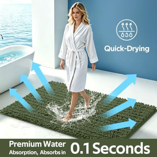ACCUMTEK Upgrade Extra Large Oliver Green Bathroom Rug Set 3 Pieces Ultra Soft, Thick Absorbent Bath Mats, Non Slip Chenille Toilet Mat for Bathroom, Bedroom, Kitchen