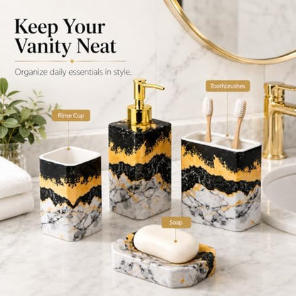 4 Piece Bathroom Accessories Set - Black and White Includes Lotion Dispenser, Toothbrush Holder Tumbler, and Soap Dish - Glossy Finish (Marble, Black, and White)