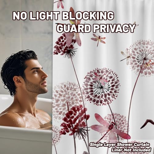 Burgundy & White Shower Curtain Spring Dandelion Dragonfly Deep Red and White Watercolor Shower Curtains for Bathroom Decor, Waterproof Cloth Fabric with Hooks 70" Wx72 L