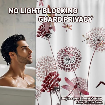 Burgundy & White Shower Curtain Spring Dandelion Dragonfly Deep Red and White Watercolor Shower Curtains for Bathroom Decor, Waterproof Cloth Fabric with Hooks 70" Wx72 L