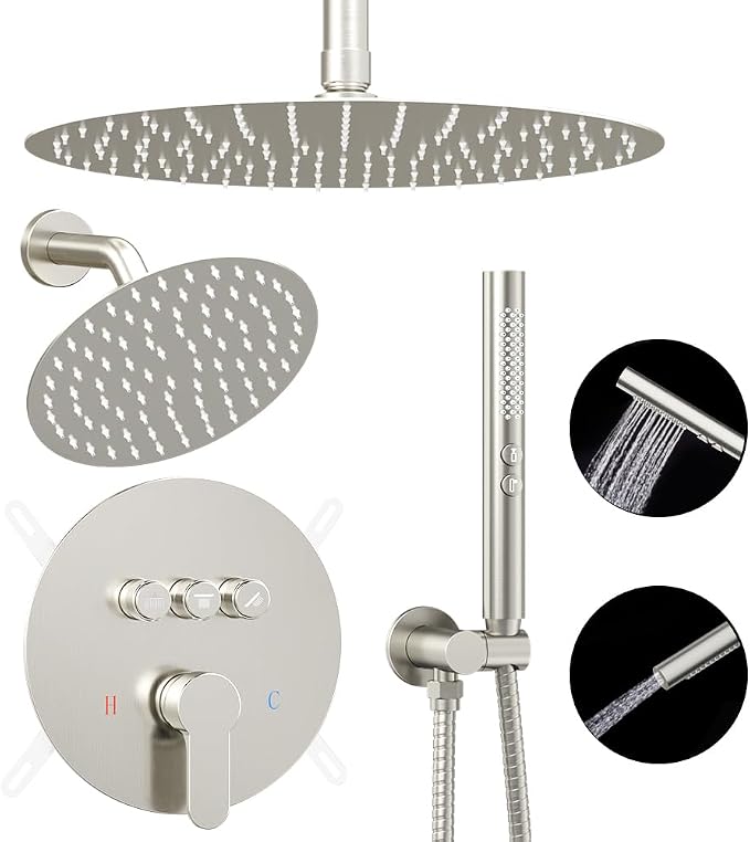 Shower Systems Round Shower Faucet Set, 12+6"Dual Rainfall Shower head with 2 in 1 Handheld Spray, Ceiling Mount Push Button with Shower Set Valve and Trim Kit Brushed Nickel,Can Use All at Once