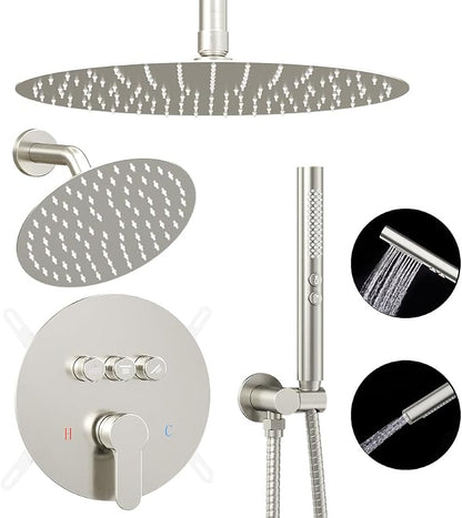Shower Systems Round Shower Faucet Set, 12+6"Dual Rainfall Shower head with 2 in 1 Handheld Spray, Ceiling Mount Push Button with Shower Set Valve and Trim Kit Brushed Nickel,Can Use All at Once