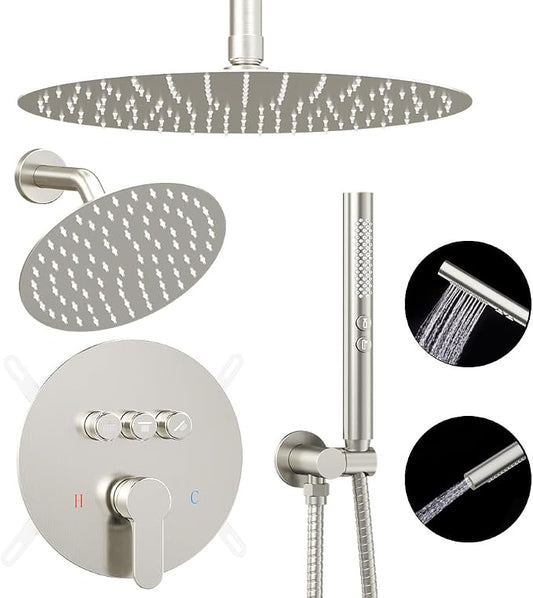 Shower Systems Round Shower Faucet Set, 12+6"Dual Rainfall Shower head with 2 in 1 Handheld Spray, Ceiling Mount Push Button with Shower Set Valve and Trim Kit Brushed Nickel,Can Use All at Once