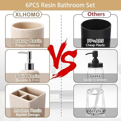 XLHOMO Resin Beige Bathroom Set, 6 Pcs Bath Decor and Accessories Sets
