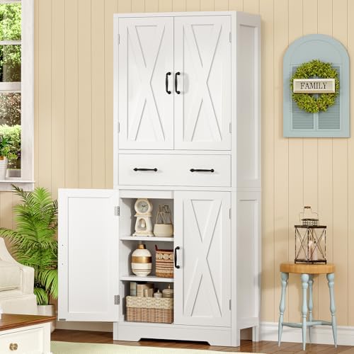 WEENFON Tall Storage Cabinet with 2 Adjustable Shelves & 1 Large Drawer, Kitchen Pantry Cabinet with 4 Doors, Bathroom Storage Cabinets, for Living Room, Kitchen, Bathroom, White