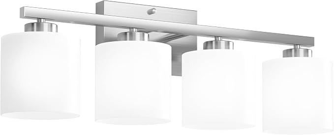 Honesorn 4-Light Bathroom Light Fixtures Over Mirror, Brushed Nickel | Bathroom Light with Milky White Frosted Shades, Anti-Rust Finish, E26 Socket(Bulbs Not Included)