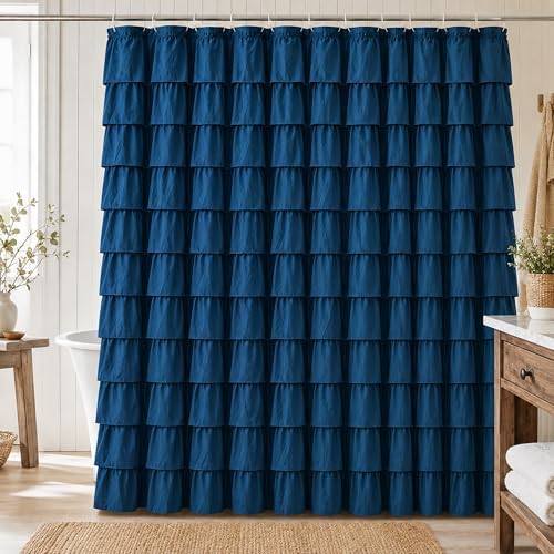Navy Blue Ruffle Shower Curtain for Bathroom, 72x 84 inch, 1 Panel