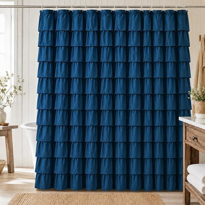 Navy Blue Ruffle Shower Curtain for Bathroom, 72x 84 inch, 1 Panel