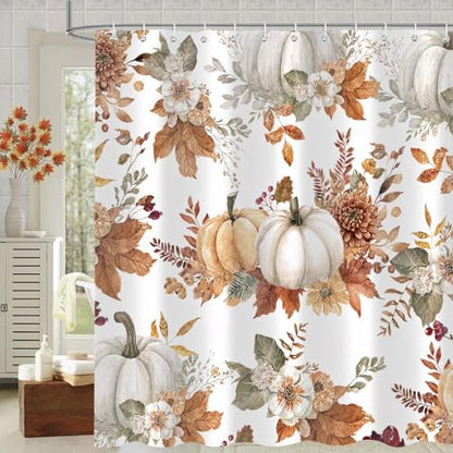 Fall Pumpkin Shower Curtain 72"x72" Waterproof Polyester, Autumn Leaves Floral Thanksgiving Bathroom Decor Includes 12 Hooks
