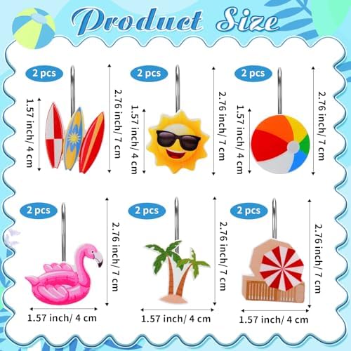 Thyle 12 Pcs Summer Shower Curtain Hooks, Summer Party Resin Ornament Rings Beach Theme Shower Curtain Hooks for Bathroom Bedroom Accessories