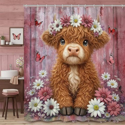 Cute Cow Shower Curtain, Farmhouse Rustic Pink Floral Daisy Highland Cow Shower Curtains for Bathroom, Calf Country Farm Animal Garden Plant Fabric Bathroom Decor with Hooks, 70x84 inch