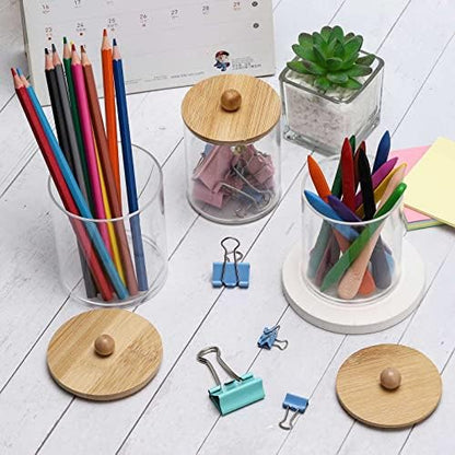 Tbestmax 4 Pack Qtip Holder Dispenser Cotton Ball, Cotton Swab, Floss - 12oz, 10 oz Clear Plastic Apothecary Jars for Bathroom Organizer and Storage Containers (Bamboo Lids)