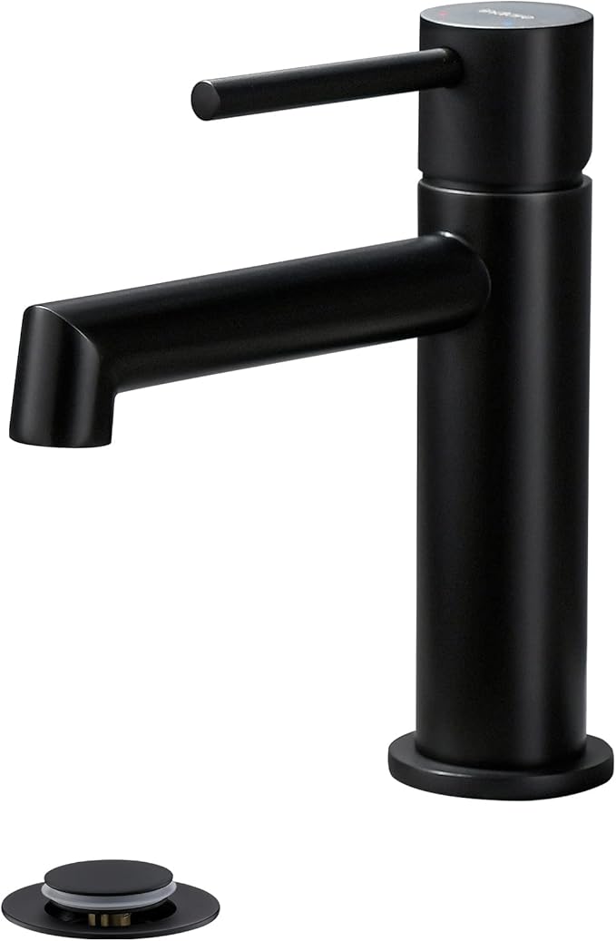 Bathroom Faucet, Indare Single Hole Brass Matte Black Bathroom Faucet with Pop-up Sink Drain Assembly and Faucet Supply Hose