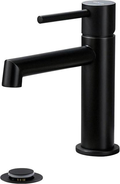 Bathroom Faucet, Indare Single Hole Brass Matte Black Bathroom Faucet with Pop-up Sink Drain Assembly and Faucet Supply Hose