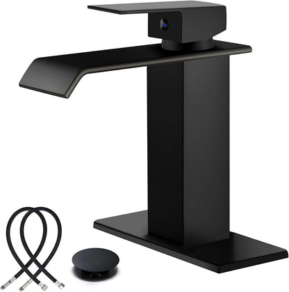 Midanya Waterfall Bathroom Sink Faucet 1 Hole,Matte Black | with cUPC Hoses,Pop Up Drain,Deck Plate,for 1 or 3 hole sink,Vanity,RV,Lavatory,Basin,Farmhouse,Stainless Steel,Single Handle