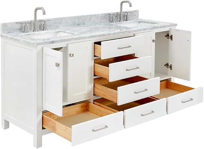 DKB Beckford 67-Inch White Double Bathroom Vanity, Italian Carrara Marble Countertop & Backsplash, 2 Rectangular Undermount Sinks, 4 Soft Closing Doors, 6 Dovetail Drawers, Brushed Nickel Hardware