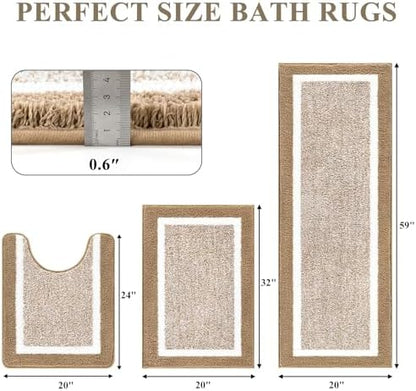 Pauwer Bathroom Rug Sets 3 Piece, Non Slip Washable Bath Mat, Khaki
