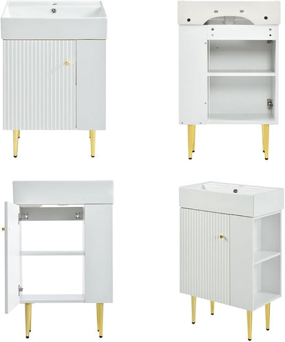 Merax 21.6 Inch Bathroom Vanity with Top Sink, Modern Small Bathroom Storage Cabinet with Right Side Storage, Solid Wood Frame Single Sink Bath Vanities, White