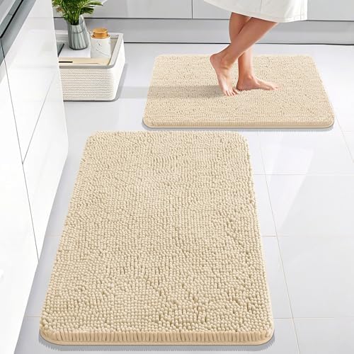 OLANLY Chenille Bathroom Rugs Mats Sets 2 Piece, 30"x20"+24"x16", Beige