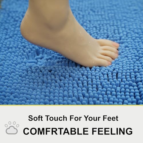 Bathroom Rugs Chenille 3-Piece Extra Soft and Absorbent Shag Bathroom Rugs, Machine Wash Mat, Strong PVC Non-Slip Underside, Plush Carpet Mats (Snow Cyan)