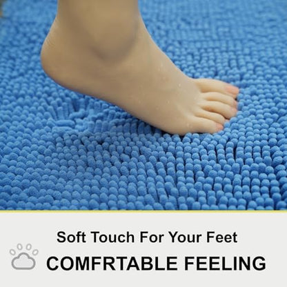 Bathroom Rugs Chenille 3-Piece Extra Soft and Absorbent Shag Bathroom Rugs, Machine Wash Mat, Strong PVC Non-Slip Underside, Plush Carpet Mats (Snow Cyan)