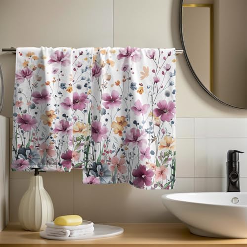 Purple Wildflowers Hand Towels 14x28 Inch 2Pcs Summer Spring Botanical Floral Butterfly Soft Fingertip Tea Towel Absorbent Dish Cloth for Bathroom Kitchen Hotel Spa Home Decor