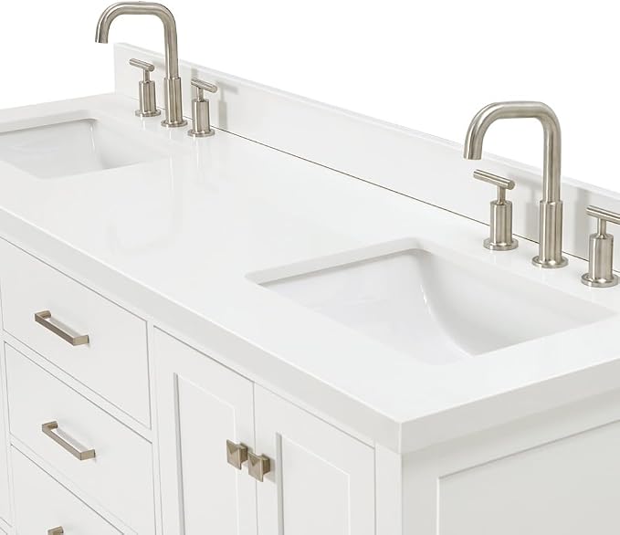 Beckford 66" White Double Bathroom Vanity, 1.5" Edge Pure White Quartz Countertop, 2 Rectangular Undermount Sinks, 4 Soft Closing Doors, 6 Dovetail Drawers