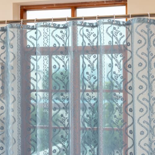 WAZZIO Slate Blue Lace Shower Curtain for Bathroom 72" W x 72" L, Victorian Farmhouse Floral Pattern Tassel Fancy Shower Curtain Boho Washable Cloth Decorative Bath Curtains,1 Panel