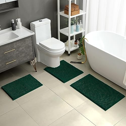 HOMEIDEAS Dark Green Chenille Bathroom Rugs Set of 3, Non Slip Bath Mat