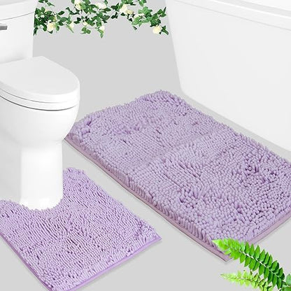 BOANKODU Bathroom Rugs Sets 2 Piece, Absorbent Bath Mat for Bathroom Very Soft Chenille Non-Slip, 32x20 Inch + 20x20 Inch U Shape Bathroom Mat, Machine Washable Bath Rugs (Lavender)