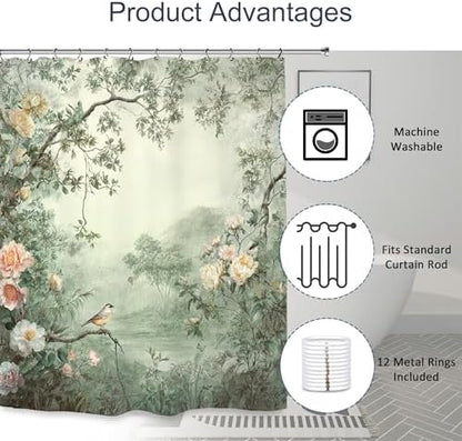 Vintage Flower Birds Shower Curtain 60Wx72L Inch Botanical Blossom Peony Cottagecore Green Leaves Scenery Bathroom Set Accessories Decor with 12 Pack Hooks