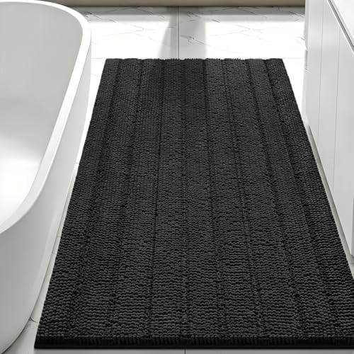 Bcoimo Bath Rug Mat, 48x30 Chenille Non Slip Black Long Bathroom Runner Rug