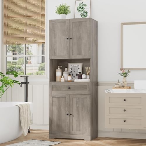HIFIT Tall Bathroom Storage Cabinet with Drawer, Modern Linen Cabinet,Brown