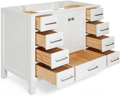 ARIEL Cambridge 48-inch Bathroom Vanity Base Cabinet,Solid Wood, 2 Soft Closing Doors, 9 Dovetail Drawers, White