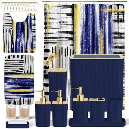 Bathroom Set - Bathroom Accessory Set, Navy Blue Bathroom Set, 26PC Bathroom Sets with Shower Curtain and Rugs, Toilet Brush, Trash Can, Qtip Holder & Bathroom Soap Dispenser Set