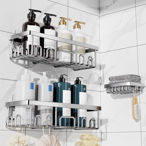 Veken Shower Caddy 3-Pack, Advanced Rustproof Design, No Drilling Adhesive Shelves, Rack with Soap Holder, Large Capacity Bathroom Organizers and Storage, Wall-Mounted Kitchen & Home Decor