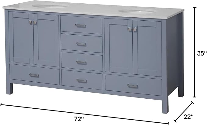 Horizon 72-inch Double Bathroom Vanity (Engineered Carrara/Powder Blue): Includes Powder Blue Cabinet with Engineered Carrara Countertop and White Ceramic Sinks