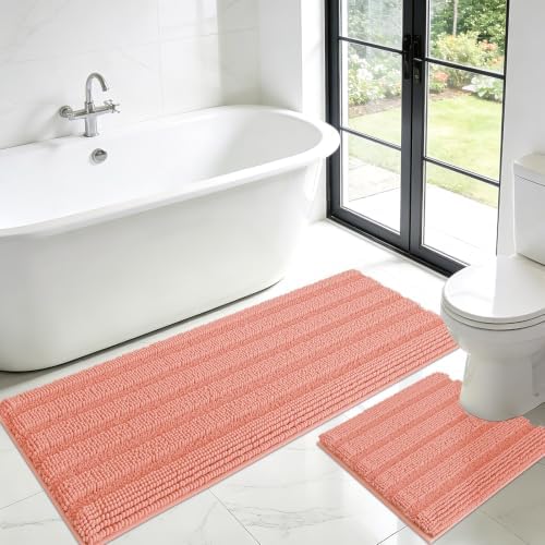 ACCUMTEK Striped Coral Toilet Bathroom Rug Mat Set 2 piece Rug Ultra Soft, Non Slip Chenille Bath Rugs, Absorbent Plush Shaggy Bath Mats for Bathroom, Bedroom, Kitchen, Shower, Tub