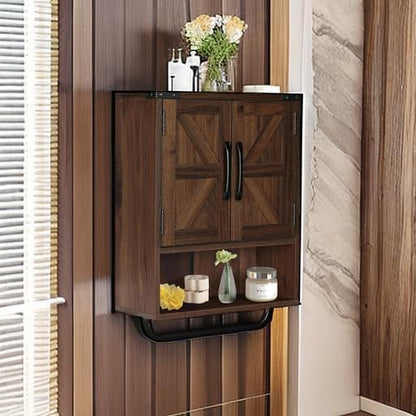RUSTOWN Farmhouse Wall Storage Cabinet with Two Barn Door, Rustic Mounted Medicine Cabinet with Adjustable Shelf and Towel Bar, 3-Tier Wood Cabinet for Kitchen, Bathroom, Living Room (Dark Walnut)