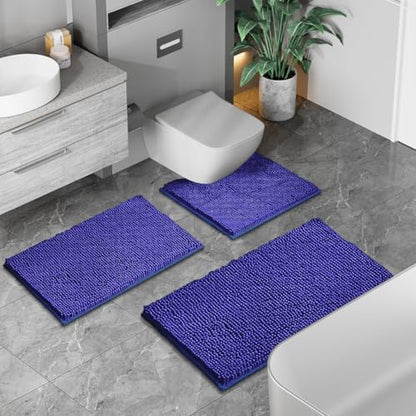 Chenille Bathroom Rug Set - 3-Piece Extra Soft & Absorbent Shag, Machine Washable Mats, Non-Slip PVC Underside, Plush Carpet Mats (Royal Blue)