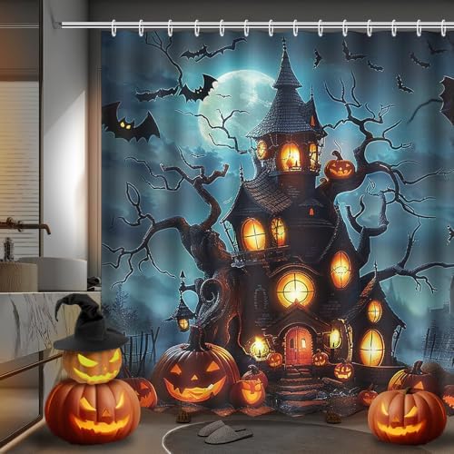 MEHOFOND Halloween Evil Pumpkin Shower Curtain Horror Castle Bath Curtain