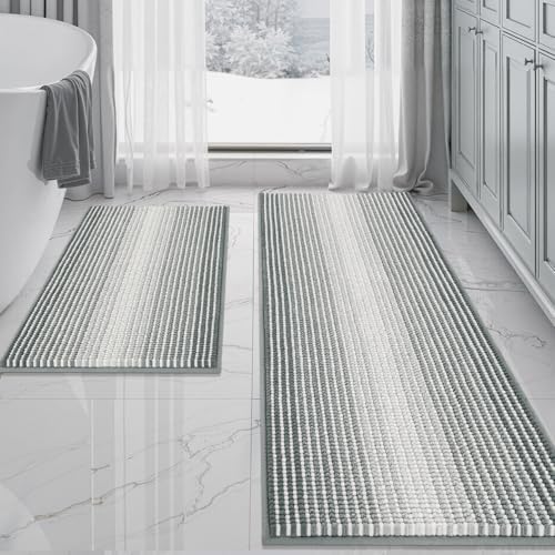 BSICPRO Bathroom Rugs Sets 2 Piece, Non Slip Striped Bath Mats, Light Gray