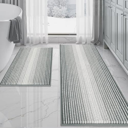 BSICPRO Bathroom Rugs Sets 2 Piece, Non Slip Striped Bath Mats, Light Gray
