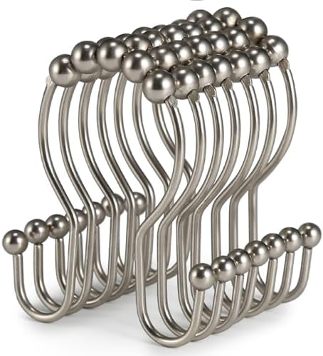 Goowin Shower Curtain Hooks, 12 Pcs Shower Curtain Rings, Stainless Steel Shower Curtain Hangers, Double Hook Shower Curtain Hooks, Smooth Sliding Anti-Drop Shower Rings for Curtain (Matte Nickel)