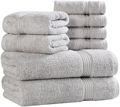 Superior Egyptian Cotton 8-Piece Towel Set, Assorted Towels for Home Bathroom, Guest Bath Decor Essentials, Includes 2 Bath, 4 Hand, 2 Face Towels/Washcloths, Quick Dry, Absorbent, Silver