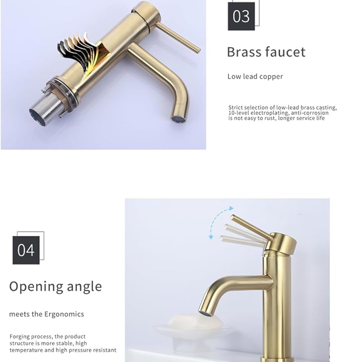 Rose Gold Brass Deck Mounted Single Handle Bathroom Faucet Hot Cold Mixer Sink Tap Modern Vanity Tapware Stylish Basin Faucet One Size，Brushed Gold One Size