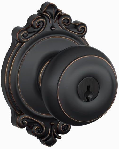 SCHLAGE F51A GEO 716 BRK Georgian Knob with Brookshire Trim Keyed Entry Lock, Aged Bronze