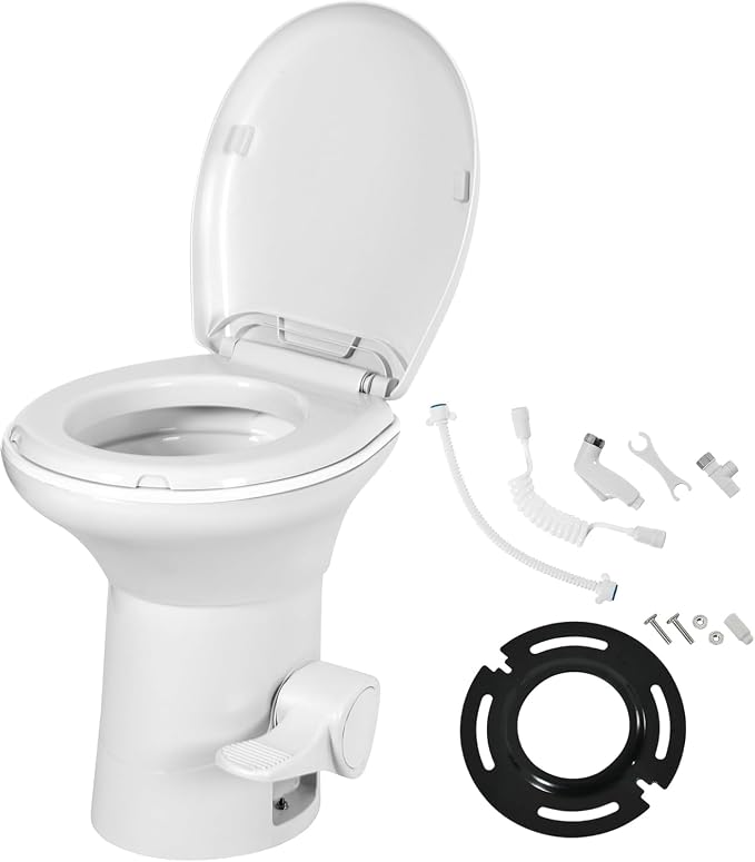 YITAMOTOR RV Toilet with Enamel Bowl, Plastic Toilet Body, Pedal Flush, Gravity Flush Toilet High Profile with Hand Sprayer and Flange for Motorhome Caravan Car Travel,White-Porcelain w Sprayer | Plastic Toilet Body, Pedal Flush, Gravity Flush Toilet H...